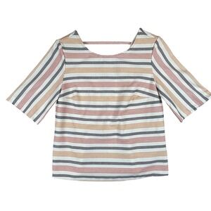 Porridge Clothing Women XS Striped Short Sleeve‎ Open Back Blouse White Multi